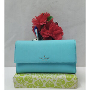 Kate Spade Teal Light Blue Leather Credit Card ID Window Trifold Wallet